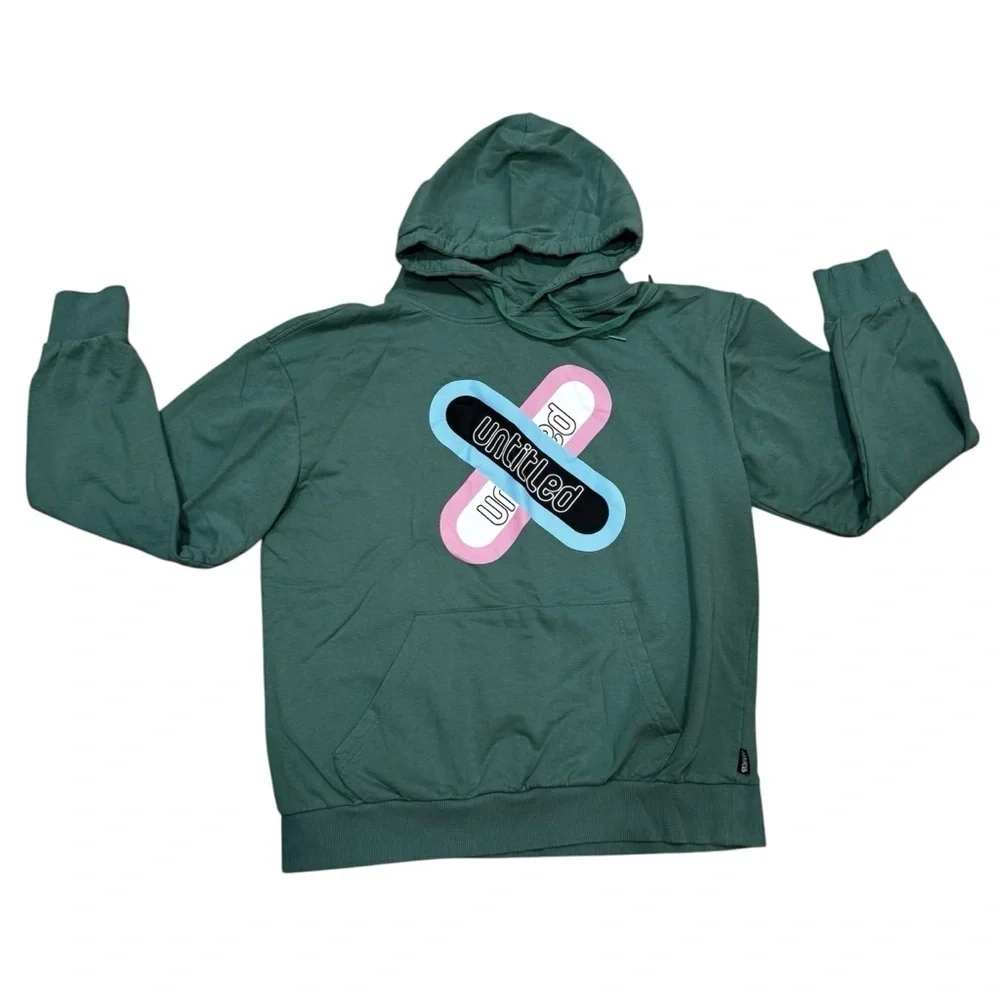 Designs Untitled green hoodie sweatshirt with blue & pink graphic spell out, L.